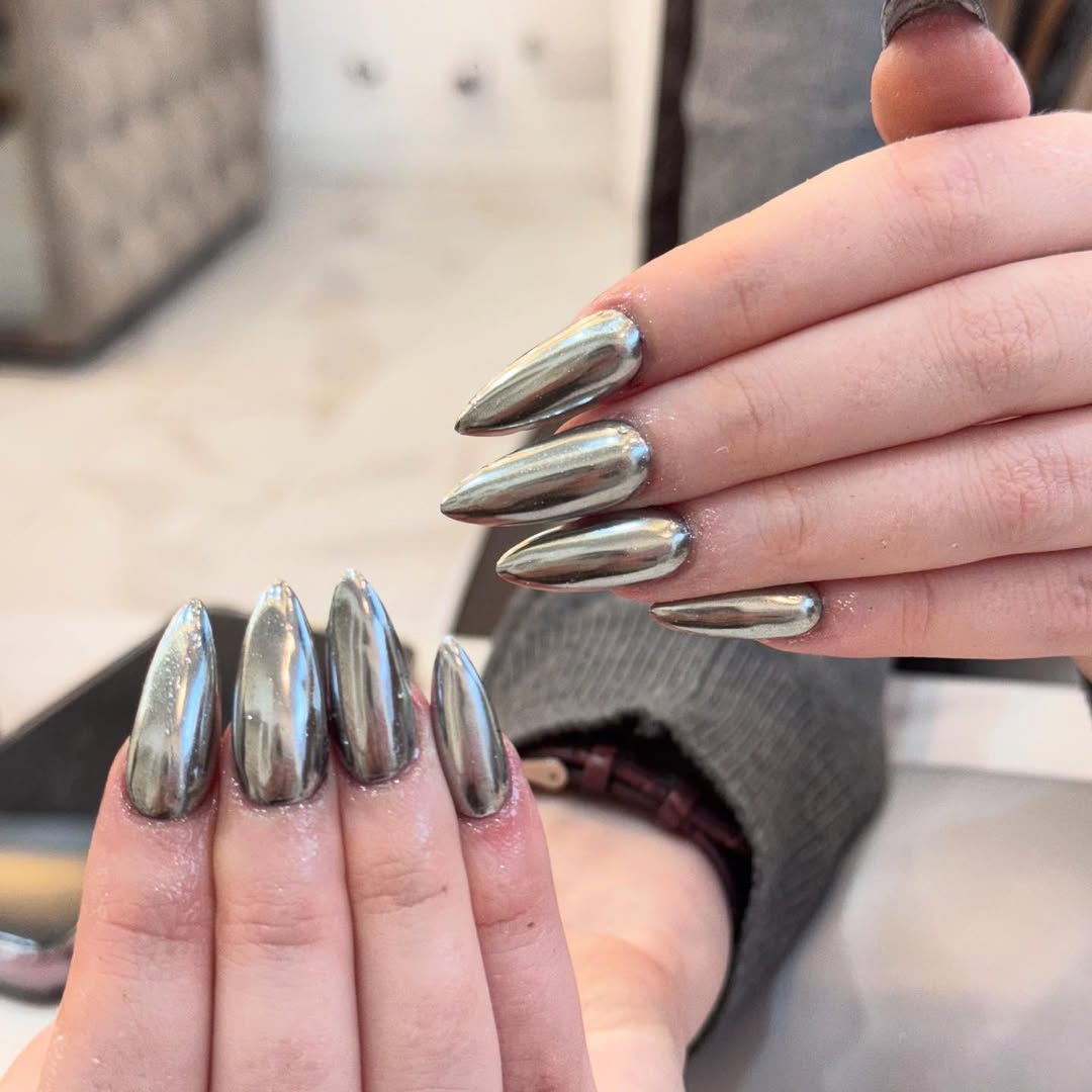 Liquid Silver Chrome Stiletto Nails