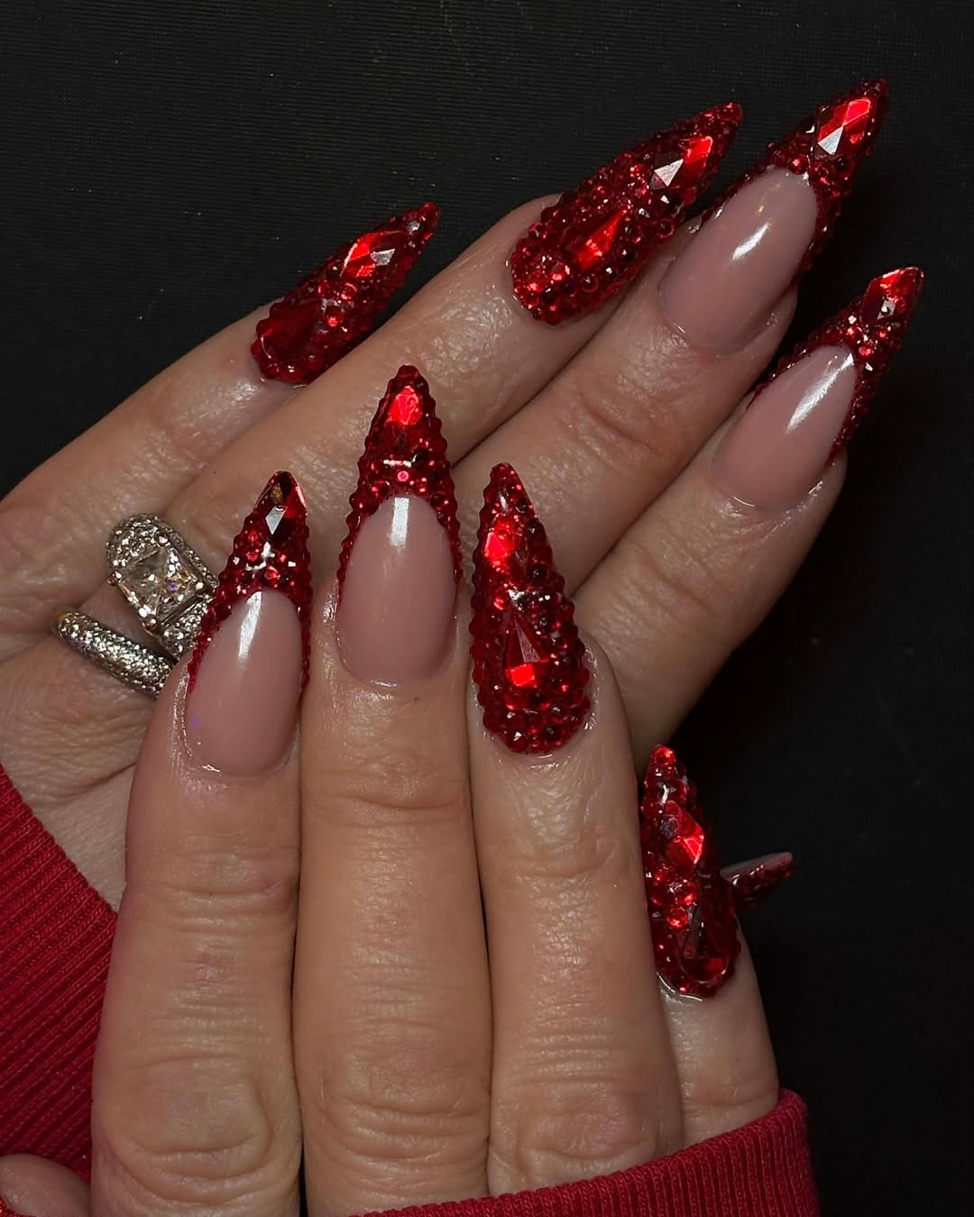 Luxurious Red Rhinestone Stiletto French Set