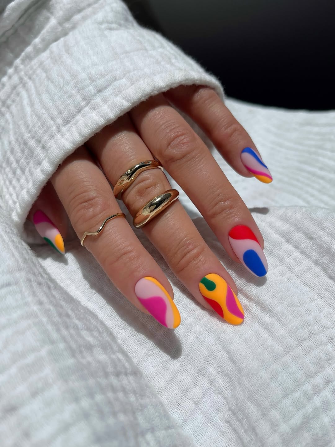 Matte Abstract Summer Swirl Almond Nails