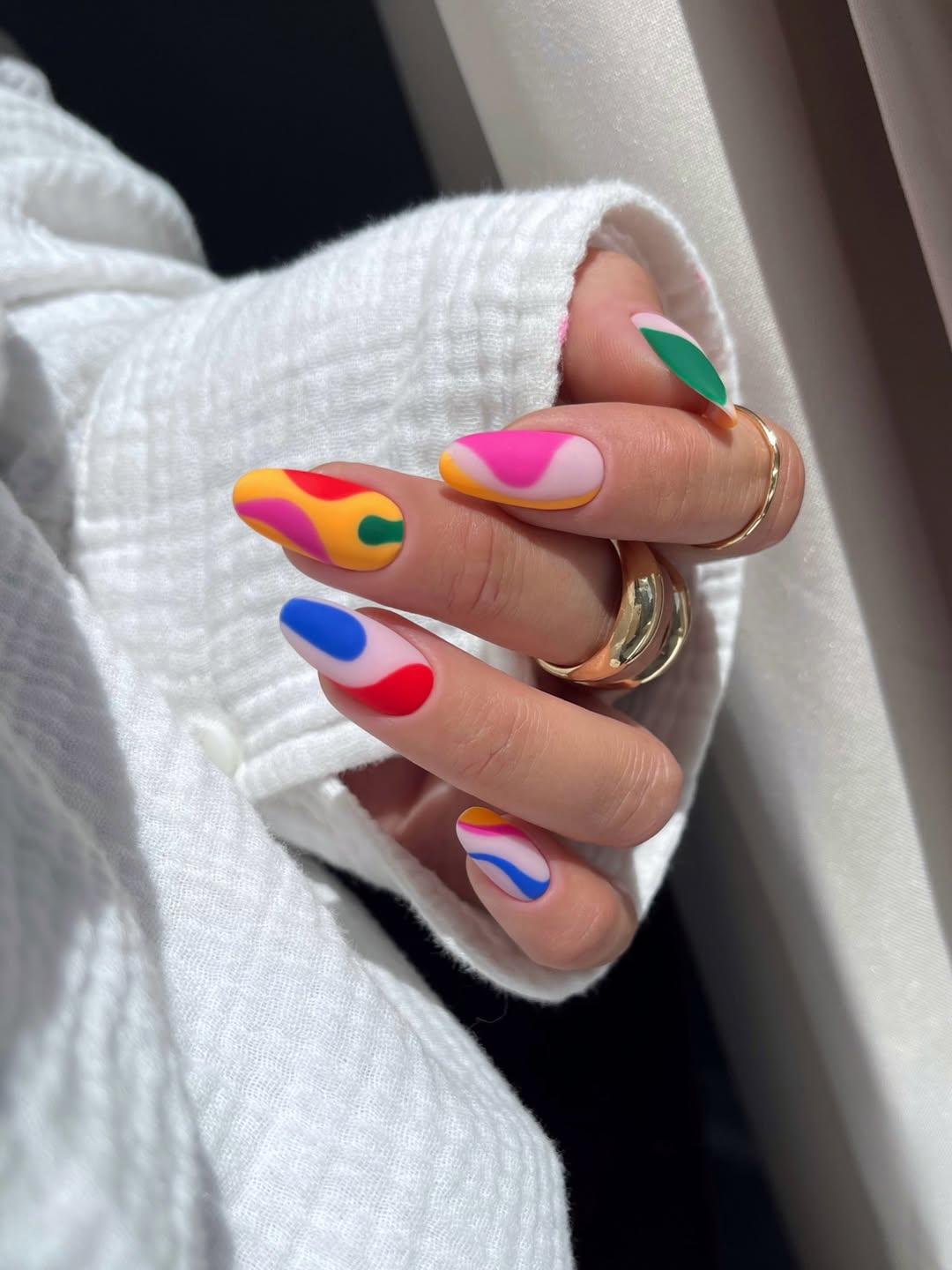 Matte Abstract Swirls Summer Almond Nails