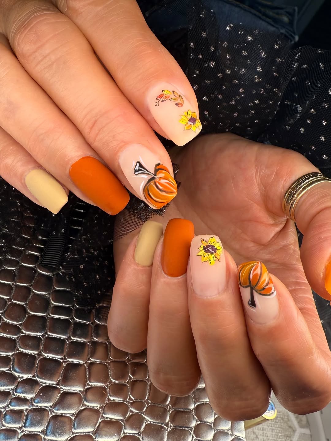 Matte Autumn Harvest Hand-Painted Nail Art