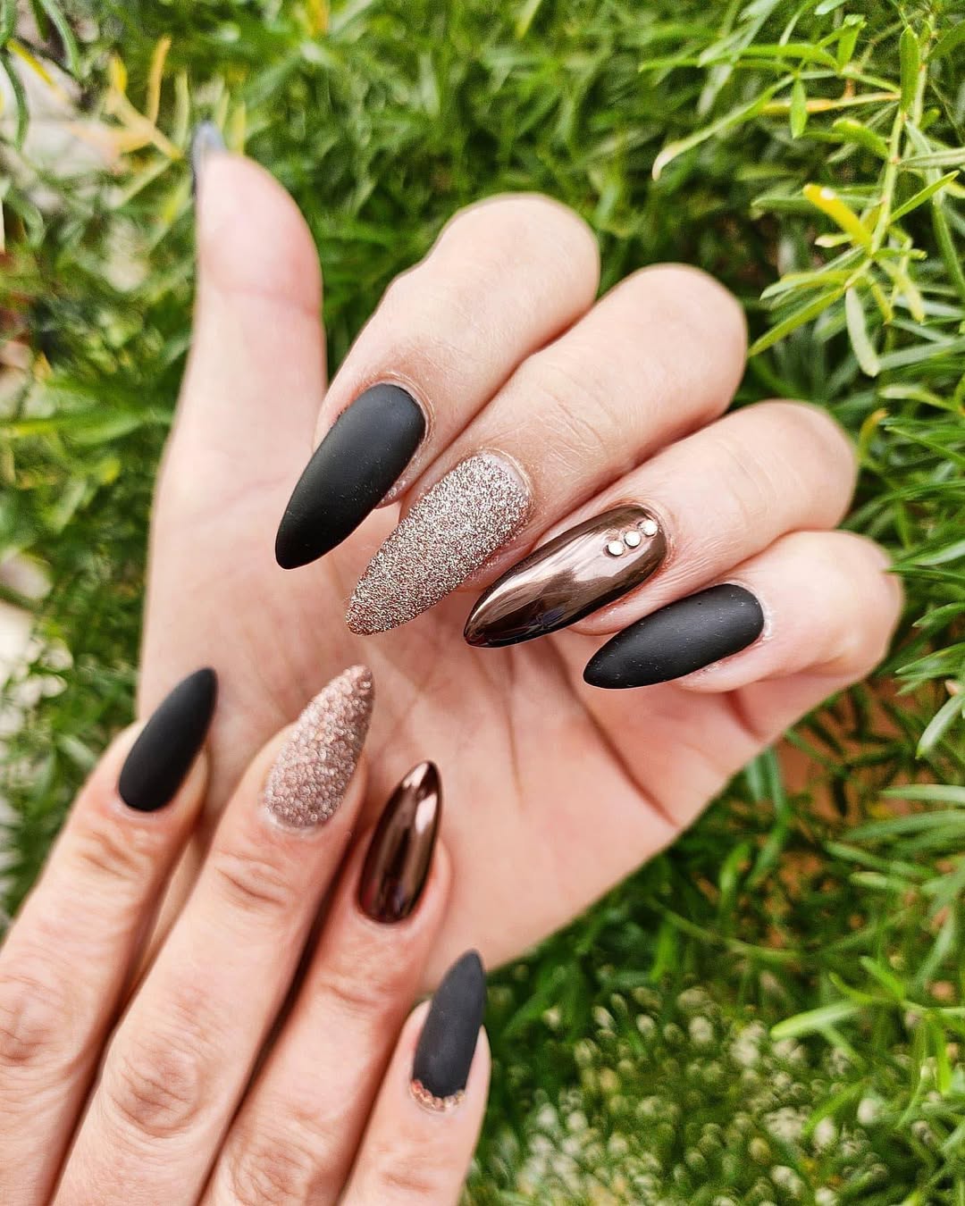 Matte Black and Metallic Rose Gold Stiletto Nails