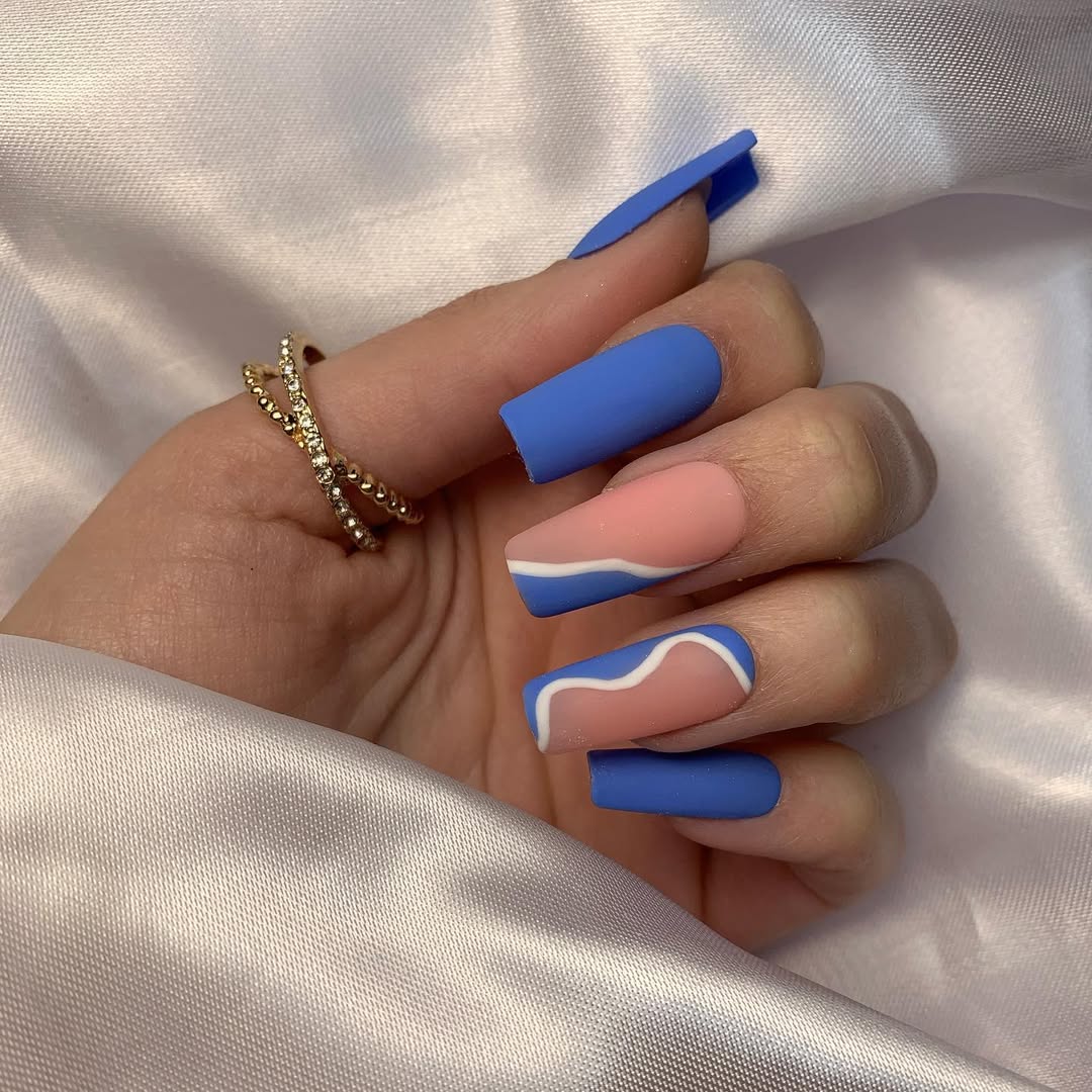 Matte Blue And Peach Swirl Coffin Nails