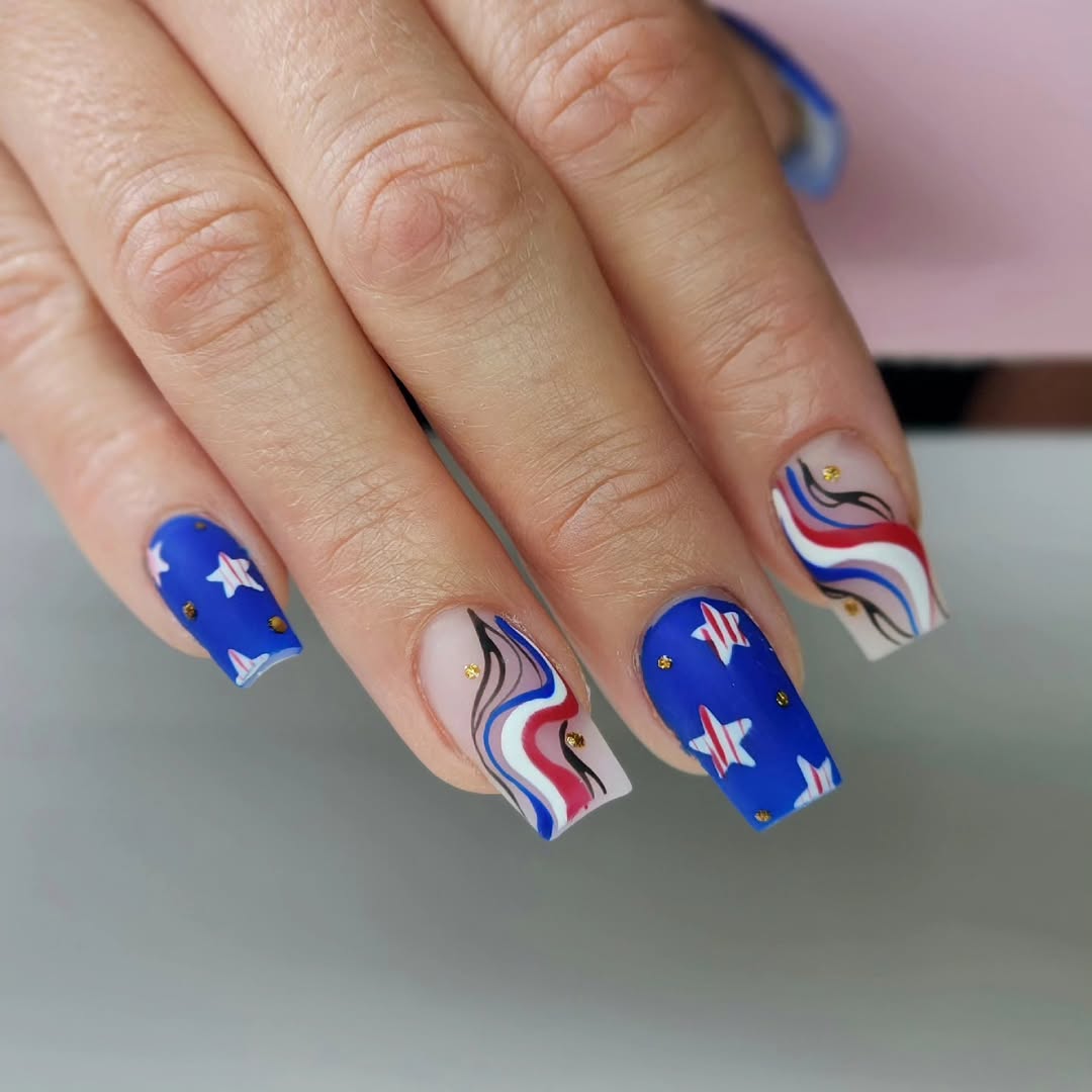 Matte Blue Stars and Wavy Abstract Flag Nails