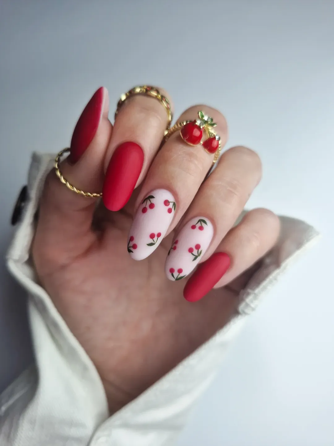 Matte Candy Red Cherry Blossom Coffin Nails