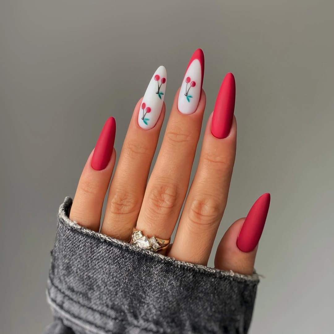 Matte Cherry Red Almond Nails with Accent Art