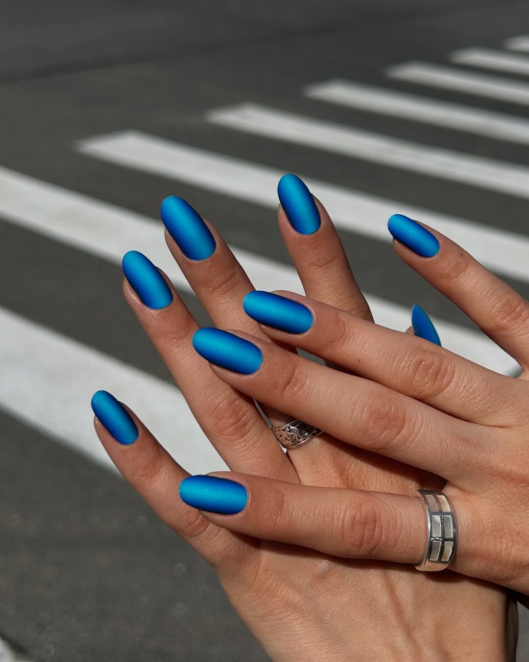 Matte Cobalt Blue Oval Summer Nails