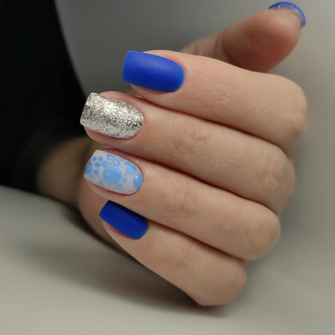Matte Cobalt Blue Silver Glitter Squoval Nails