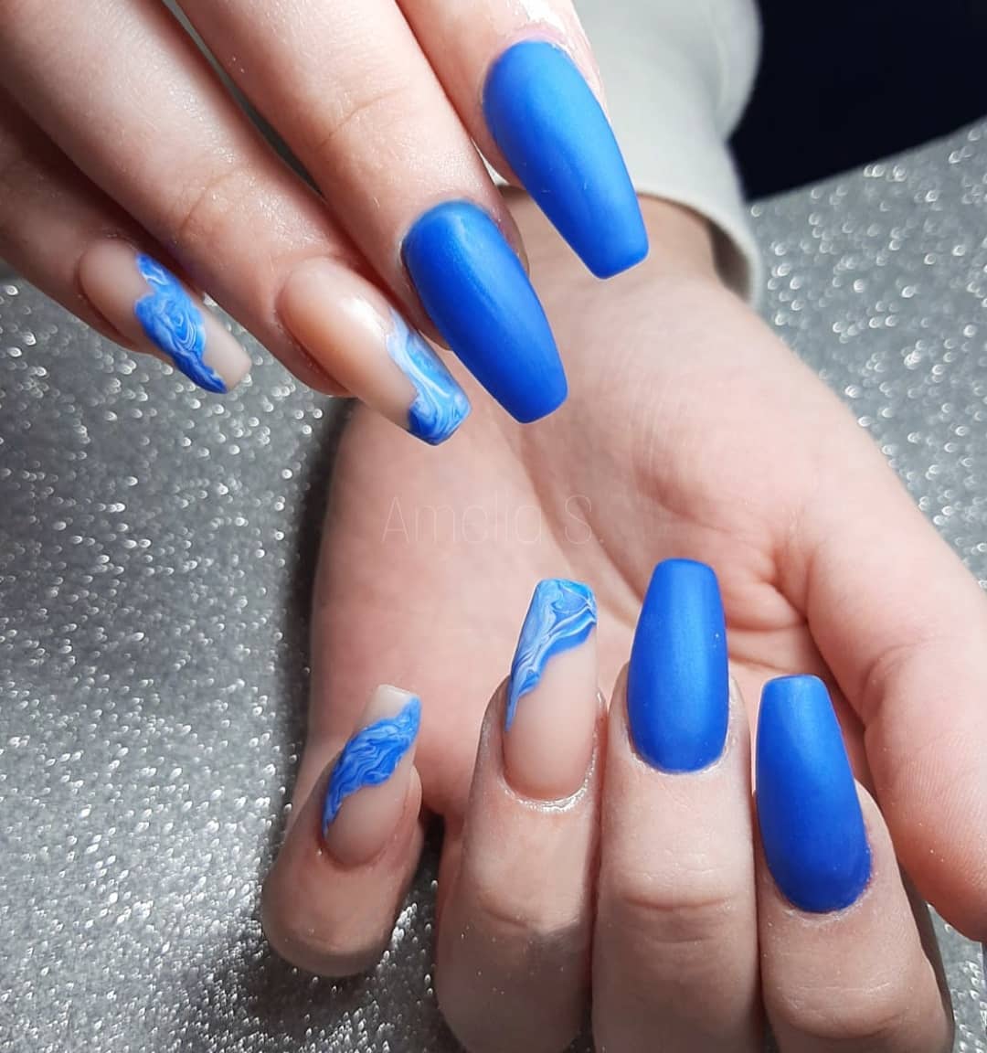 Matte Cobalt Blue Swirl Coffin Nails