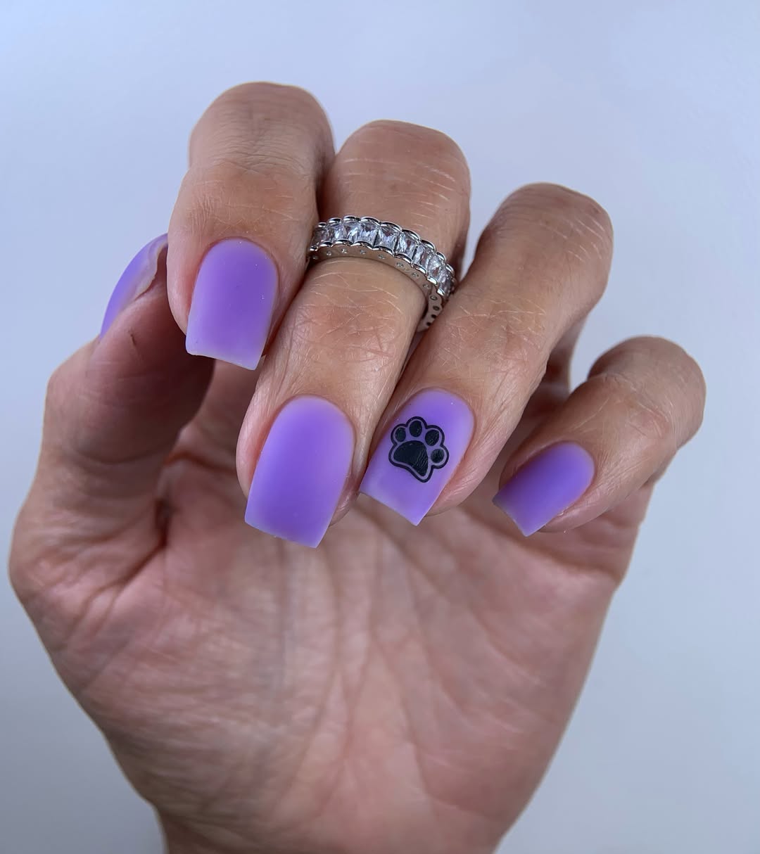 Matte Lilac Short Coffin Nails with Paw Print