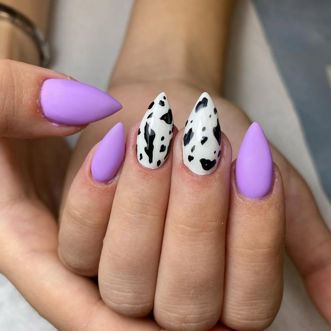 Matte Lilac Stiletto with Cow Print Accent Nails