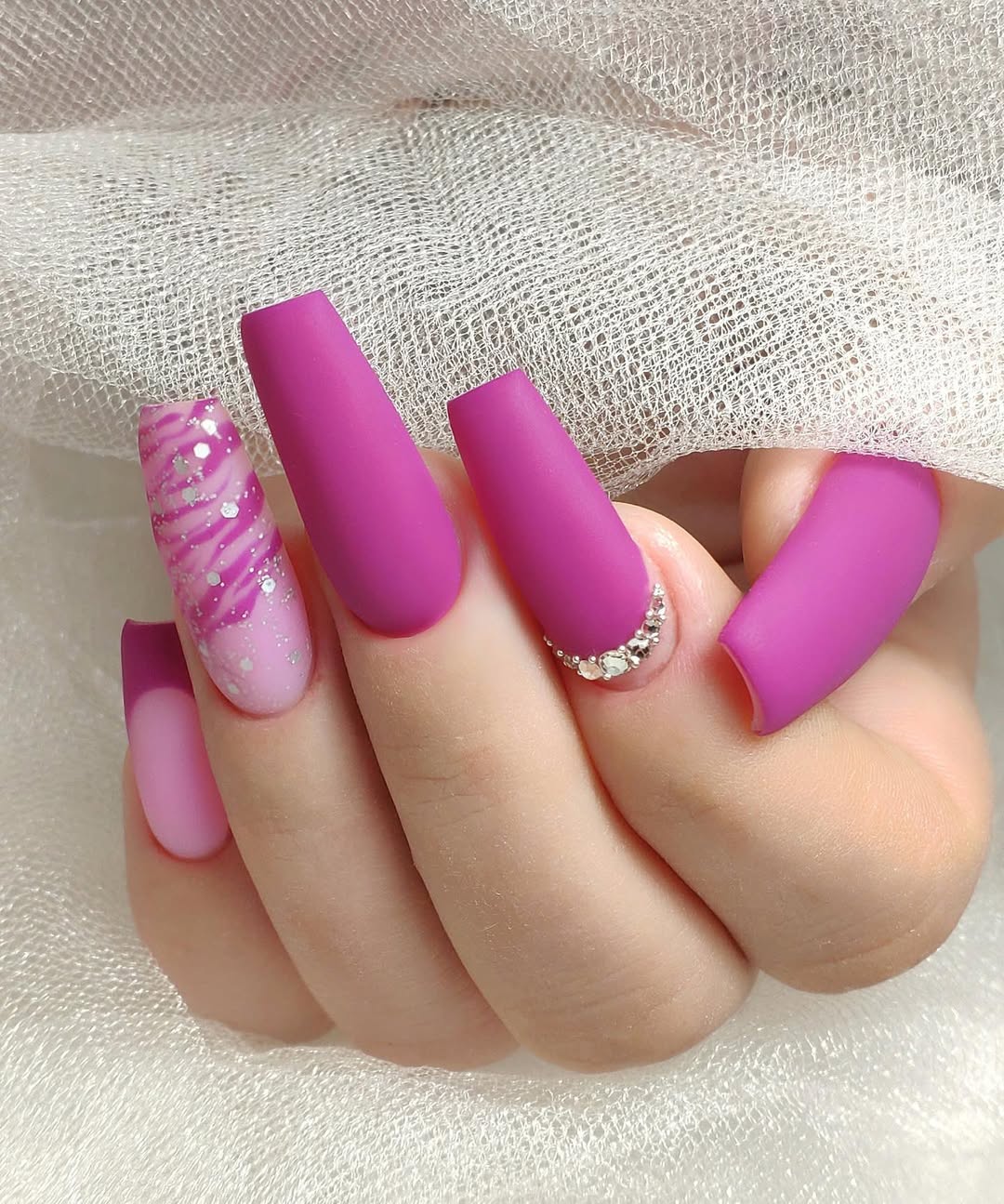 Matte Magenta Coffin Nails with Sparkle Accent