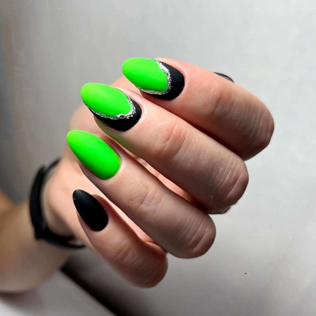 Matte Neon Green and Black With Silver Glitter Accents