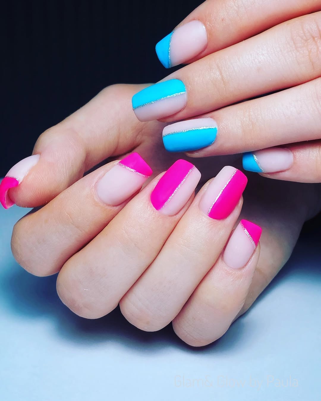 Matte Neon Pink and Blue Diagonal French Tips
