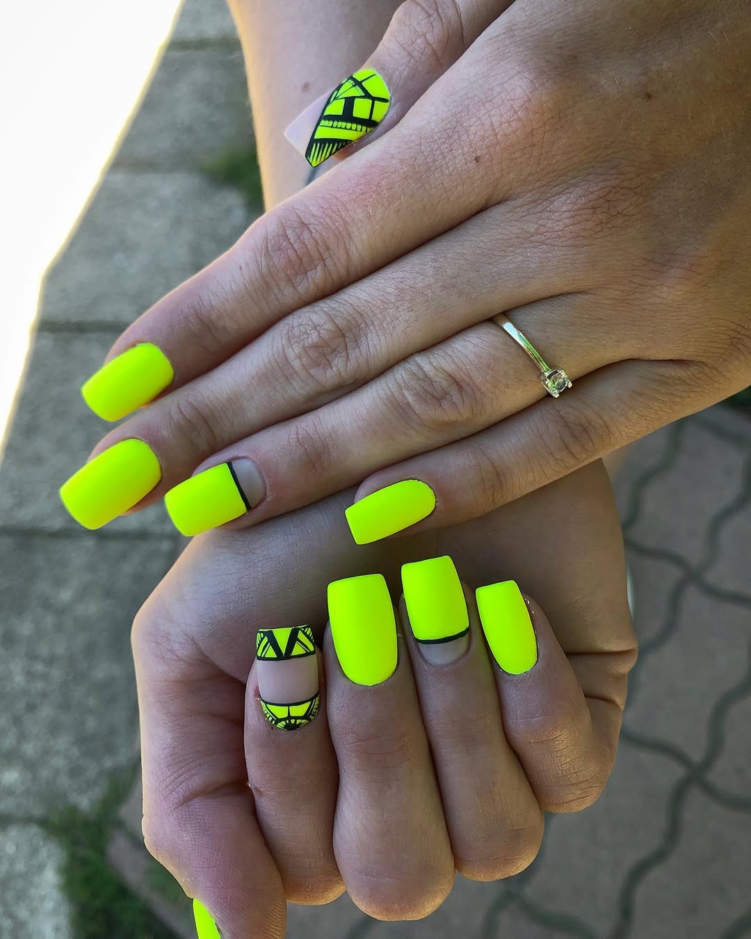 Matte Neon Yellow Abstract Black Line Art