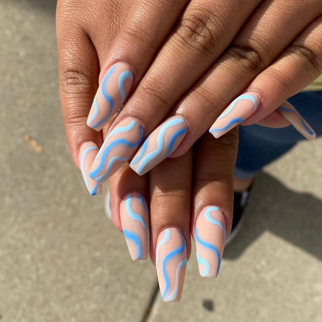 Matte Nude and Blue Abstract Swirl Coffin Nails