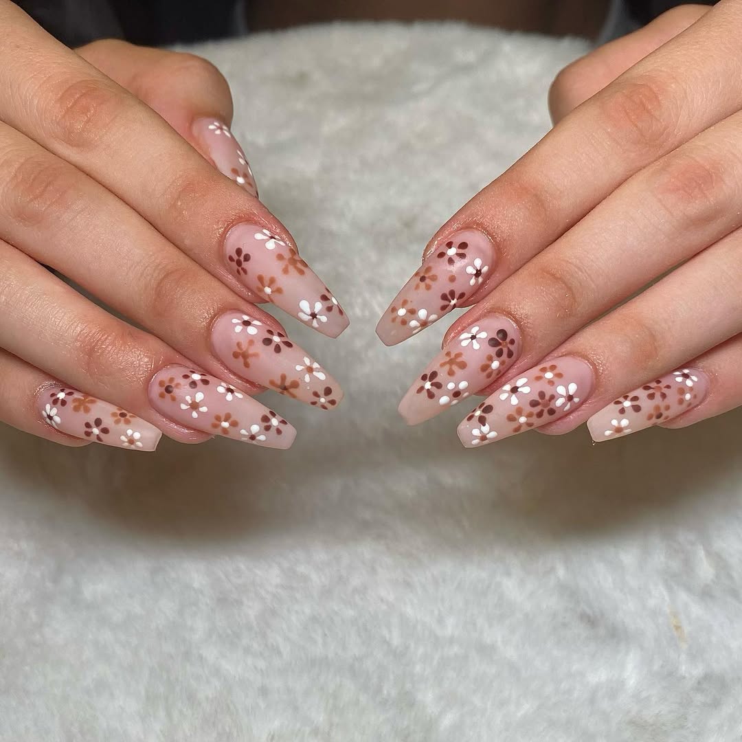 Matte Nude Coffin Nails with Delicate Floral Art