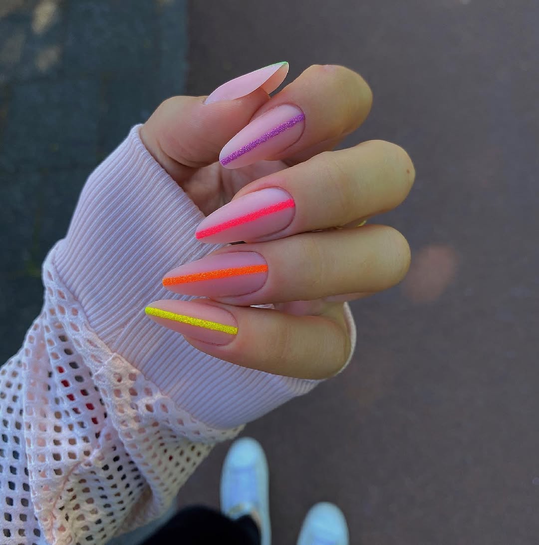 Matte Nude Stiletto Nails With Neon Stripe Art