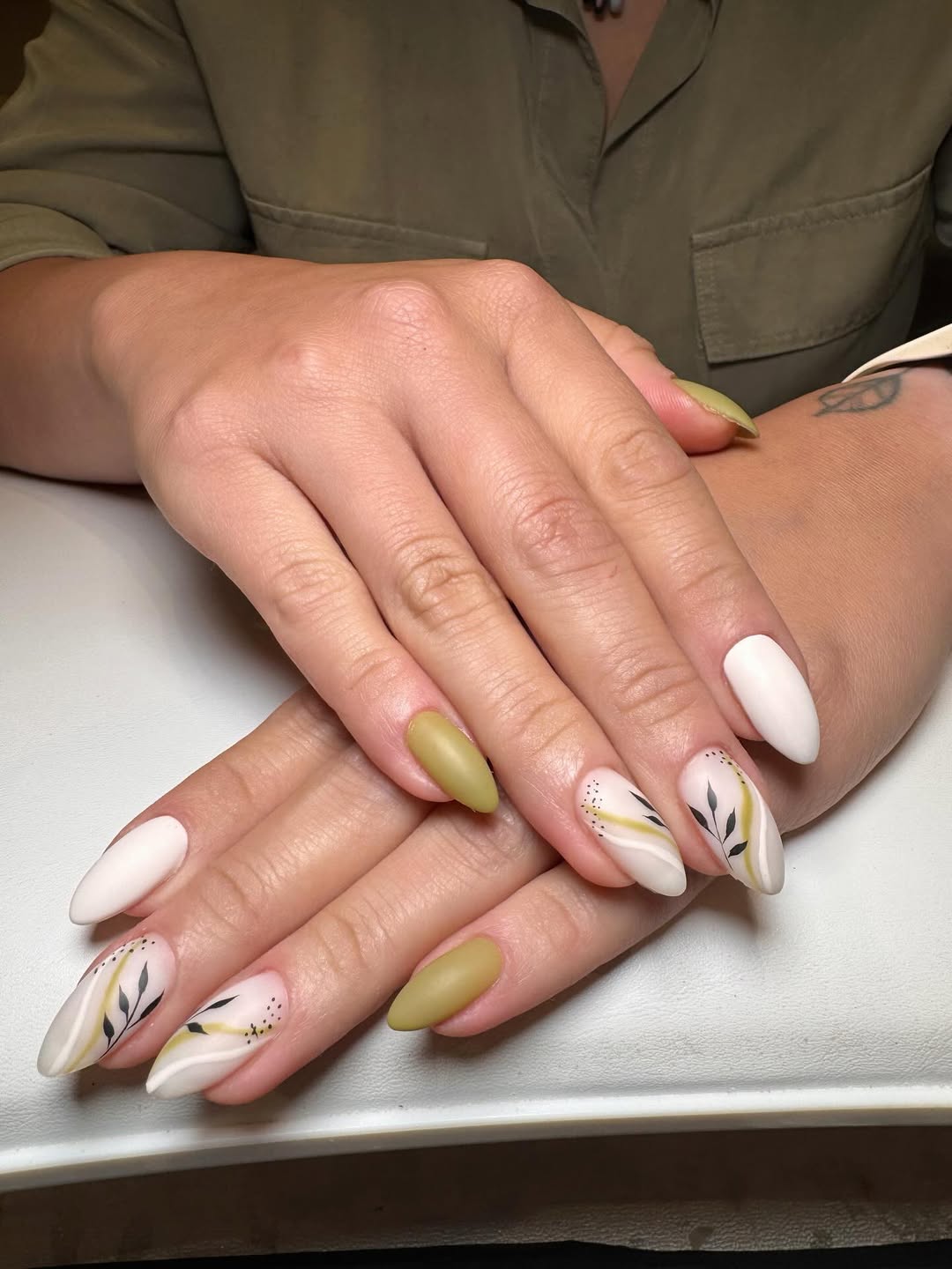 Matte Olive Green and White Botanical Almond Nails