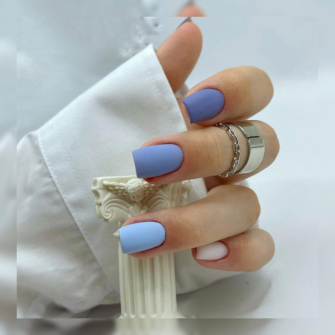 Matte Periwinkle Blue and White Block Nails