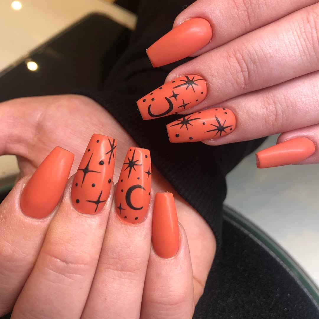 Matte Pumpkin Spice Coffin Nails with Celestial Art