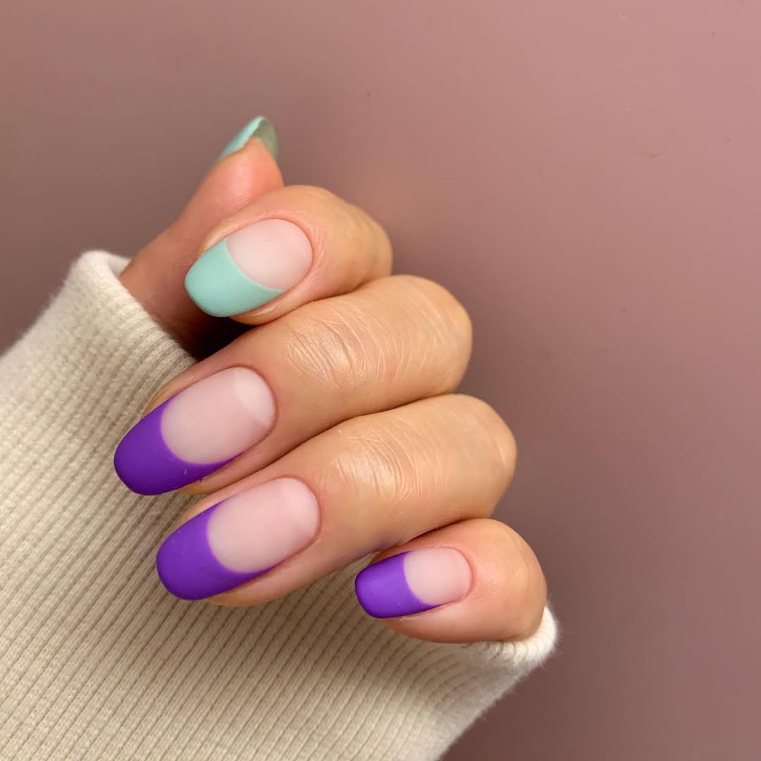 Matte Purple and Mint Ombré French Round Nails