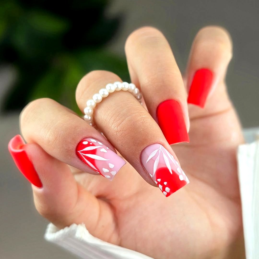 Matte Red and Pastel Pink Botanical Square Nails