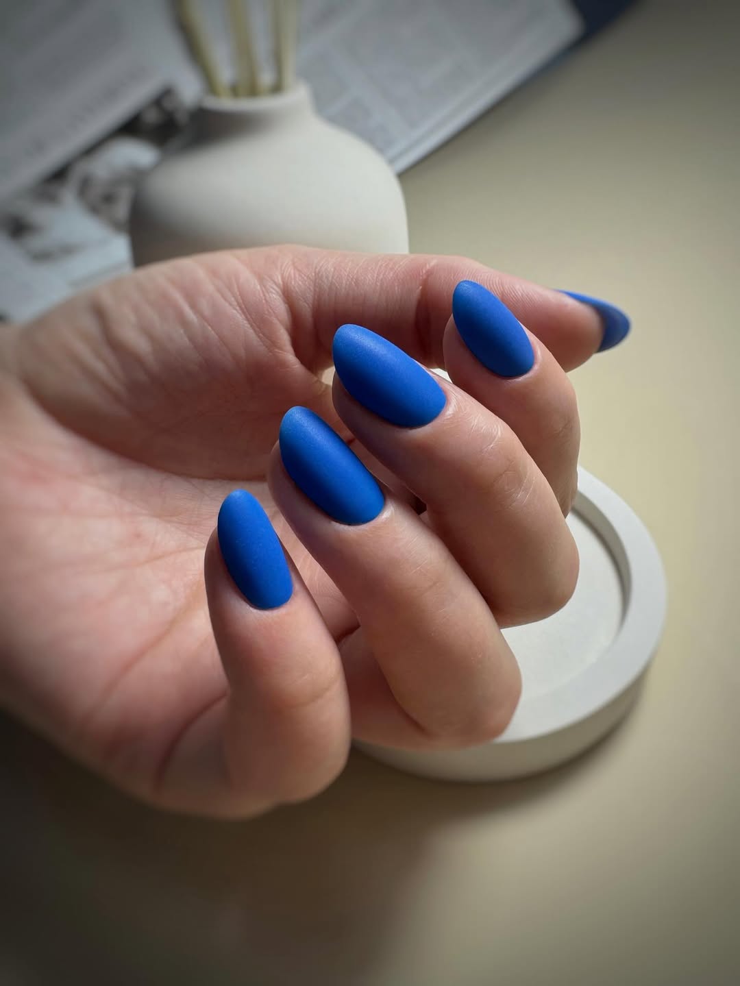 Matte Royal Blue Almond Nails
