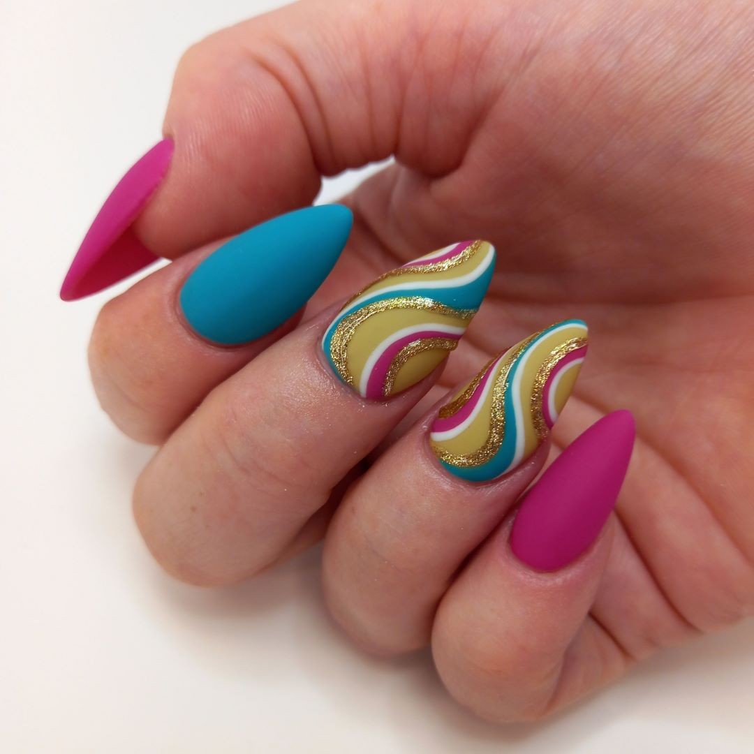 Matte Teal Magenta Gold Swirl Stiletto Nails