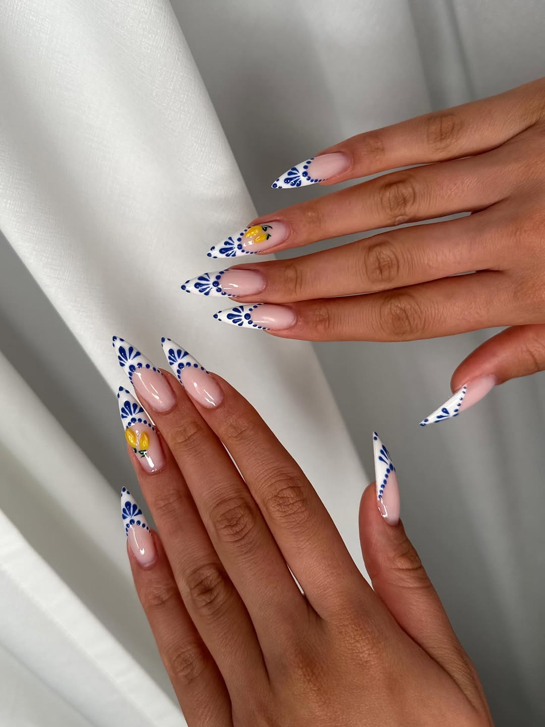 Mediterranean Tile Stiletto French Tips with Lemon Accent