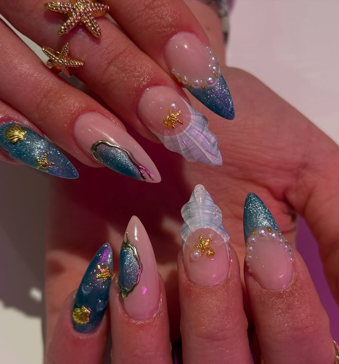Mermaid Core Blue Glitter Ocean French Nails