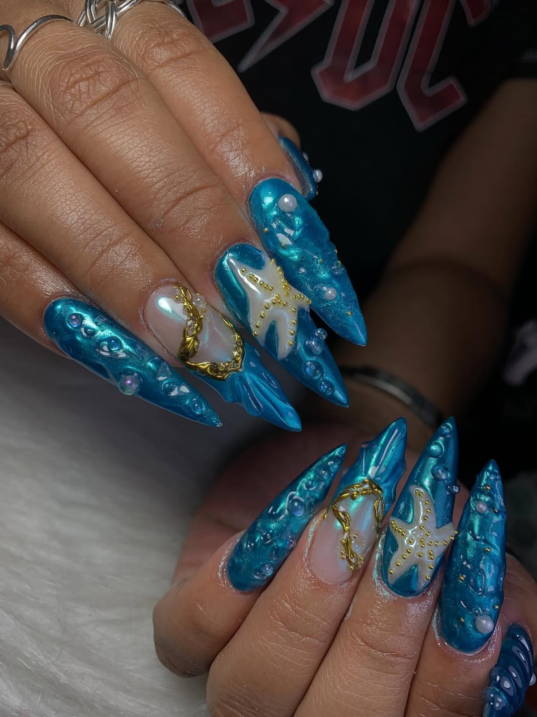 Mermaid Core Blue Stiletto 3D Sea Nails