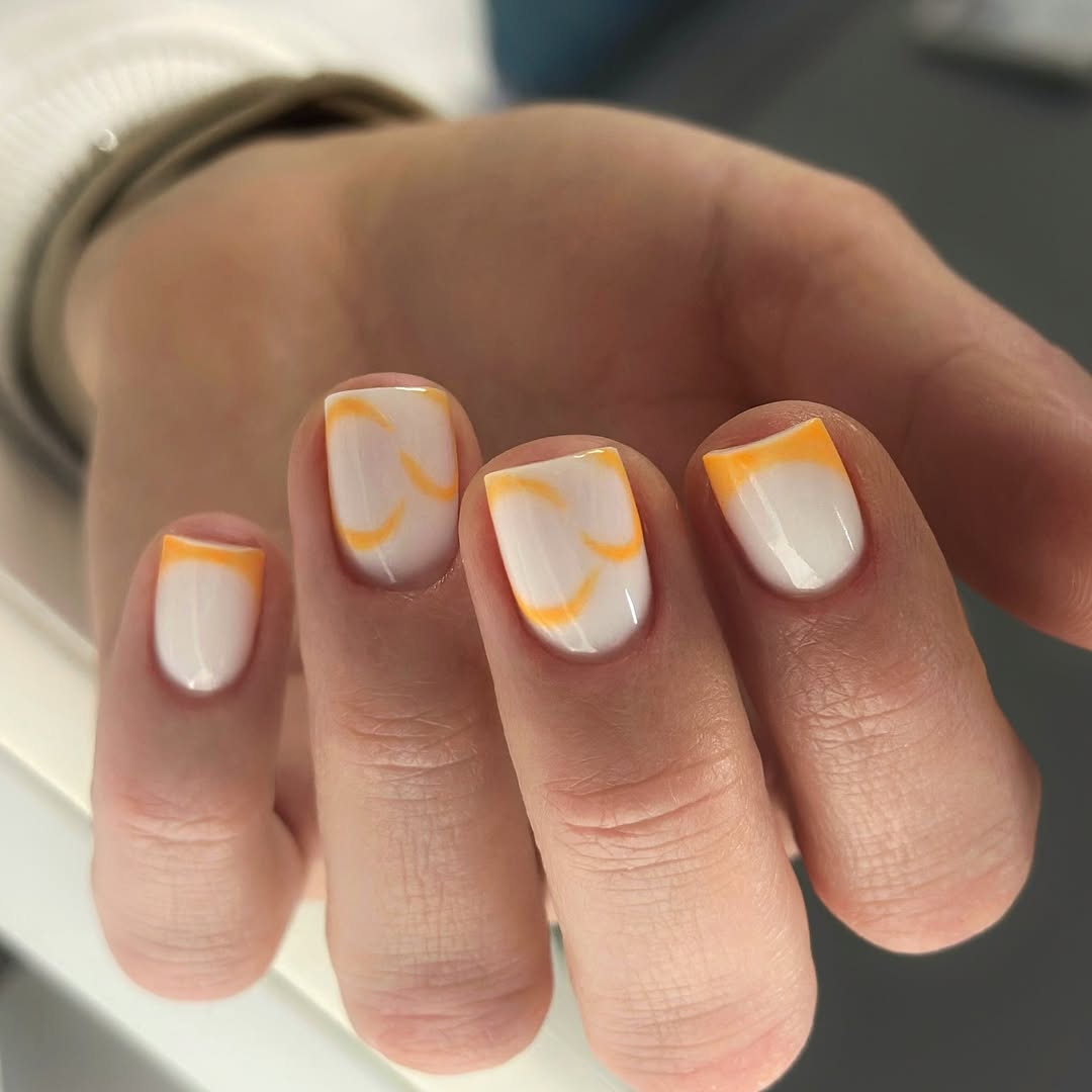 Milk White French Tips with Orange Squiggles