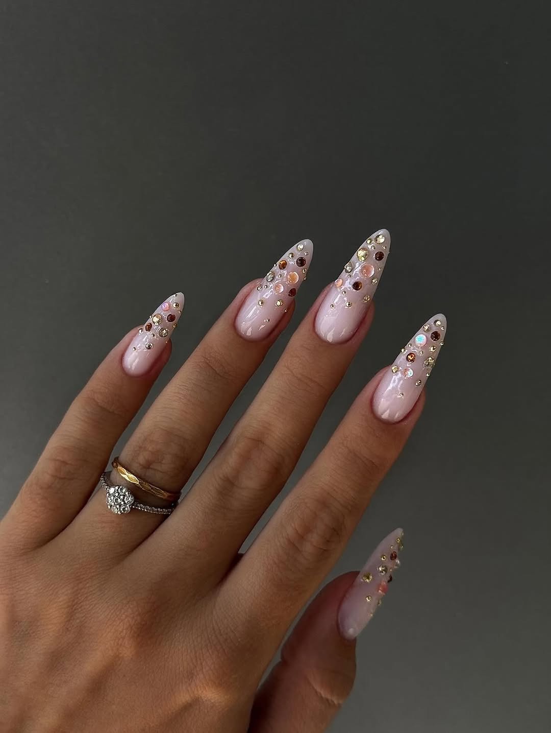 Milky Pink Stiletto Rhinestone Embellished Glam Nails