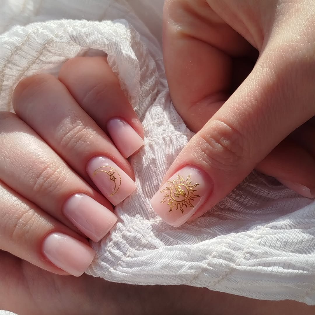 Milky Pink Sun and Moon Gold Decal Nails