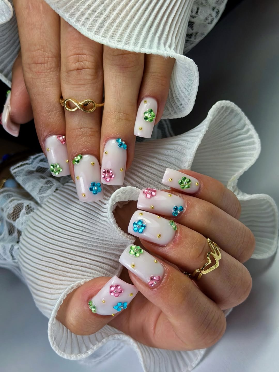 Milky White Flower Charm Square Nails