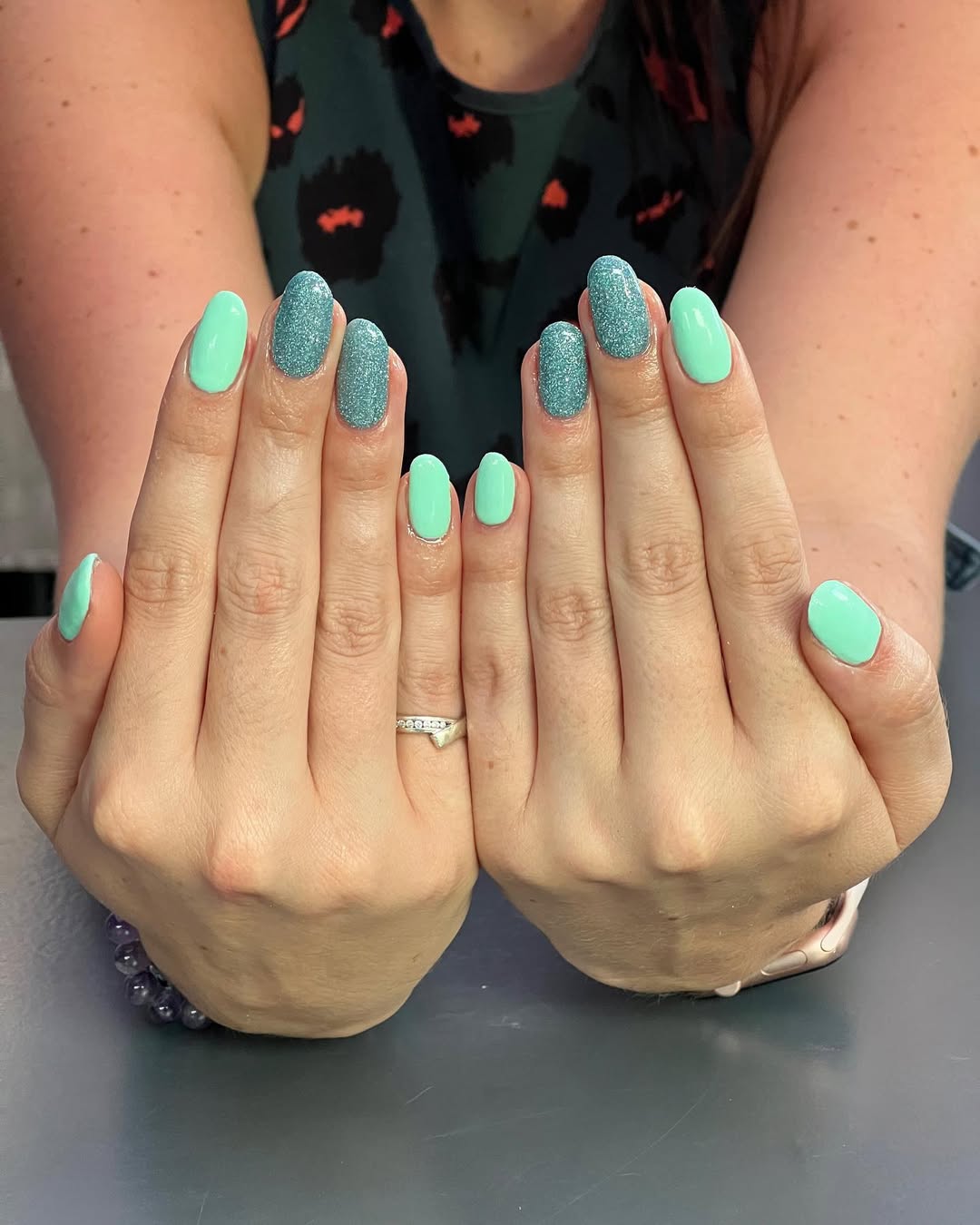 Mint Green and Glitter Accent Oval Nails
