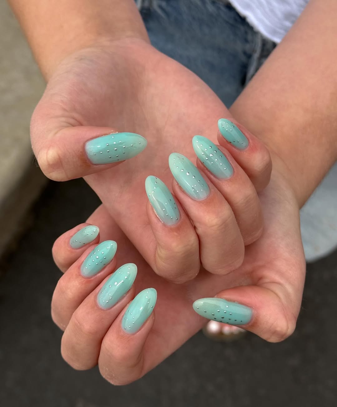 Mint Green Ombré Oval Studded Nails