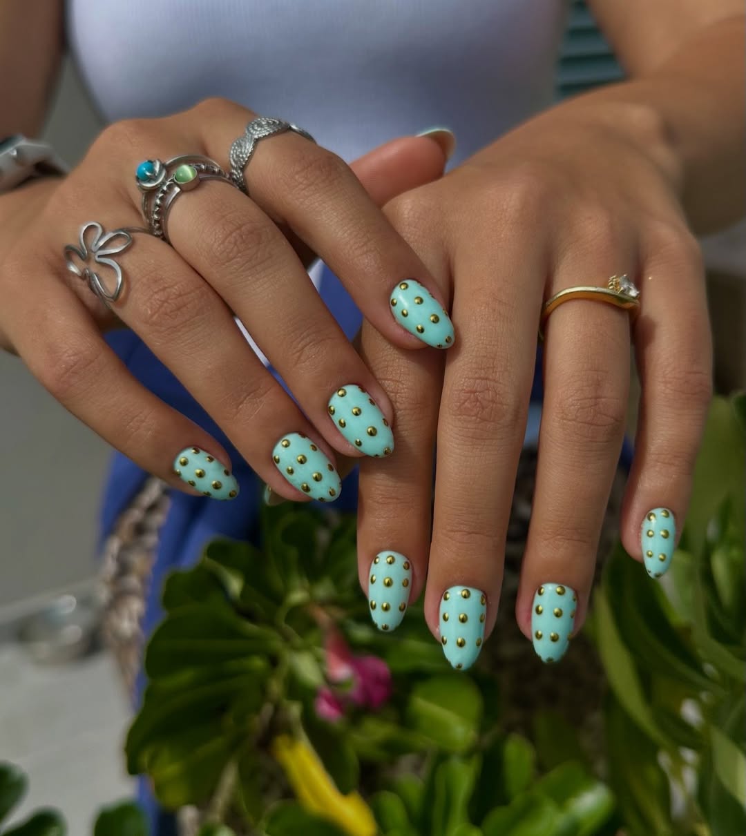 Mint Green Oval Nails with Gold Studs