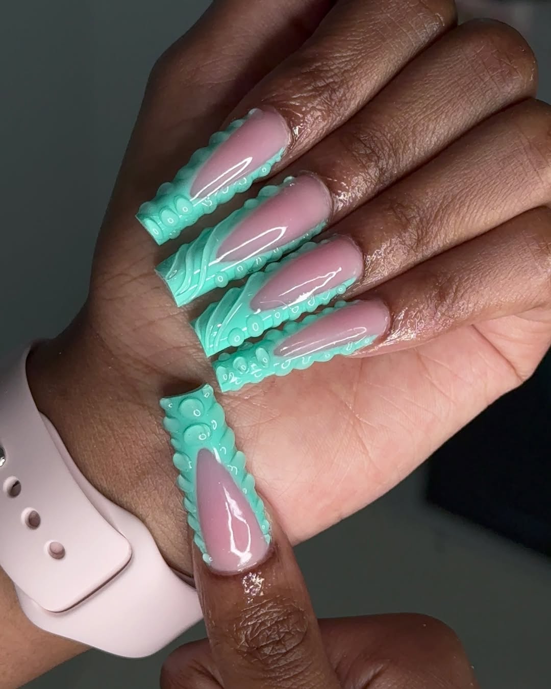 Mint Green Wavy Coffin with Pink French Tips
