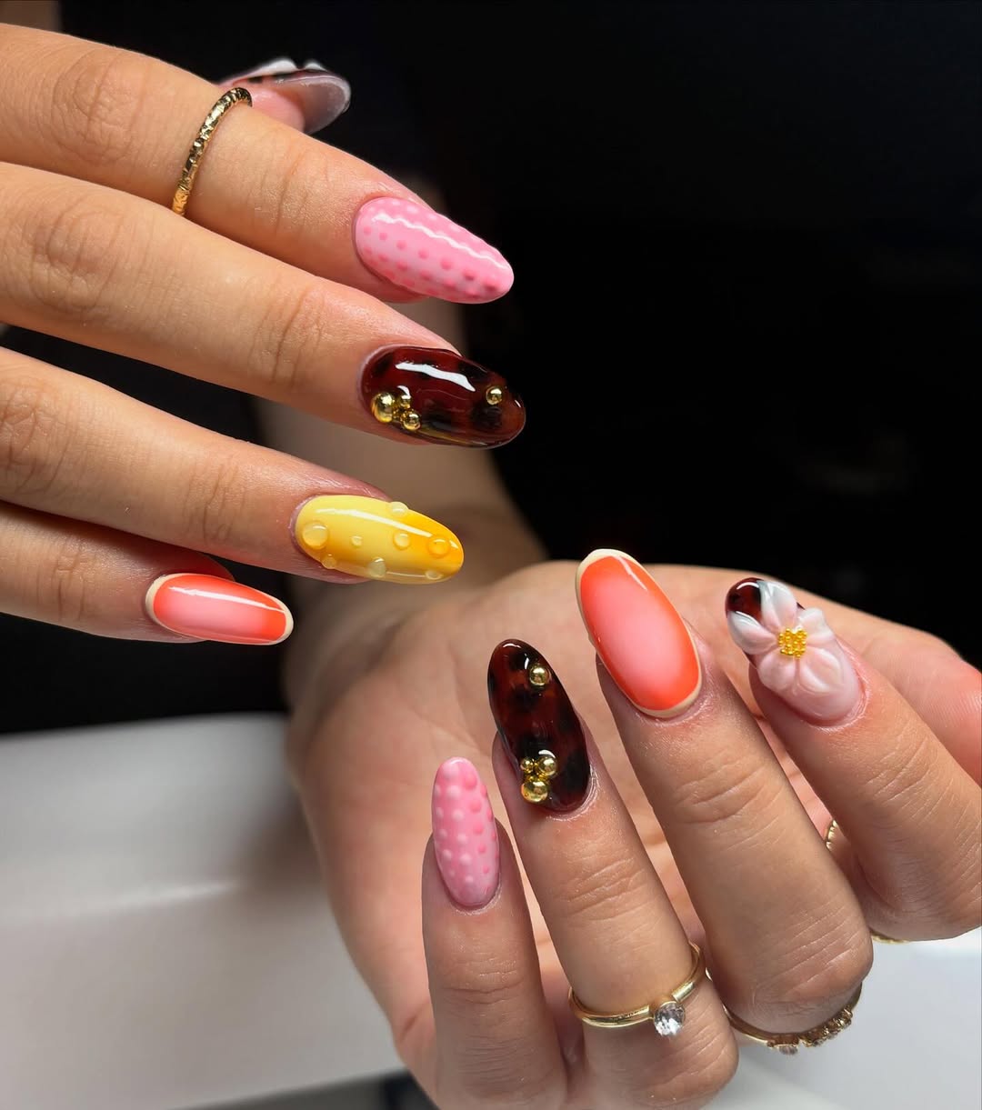 Multi-Color Ombre Tortoise Shell 3D Flower Nails