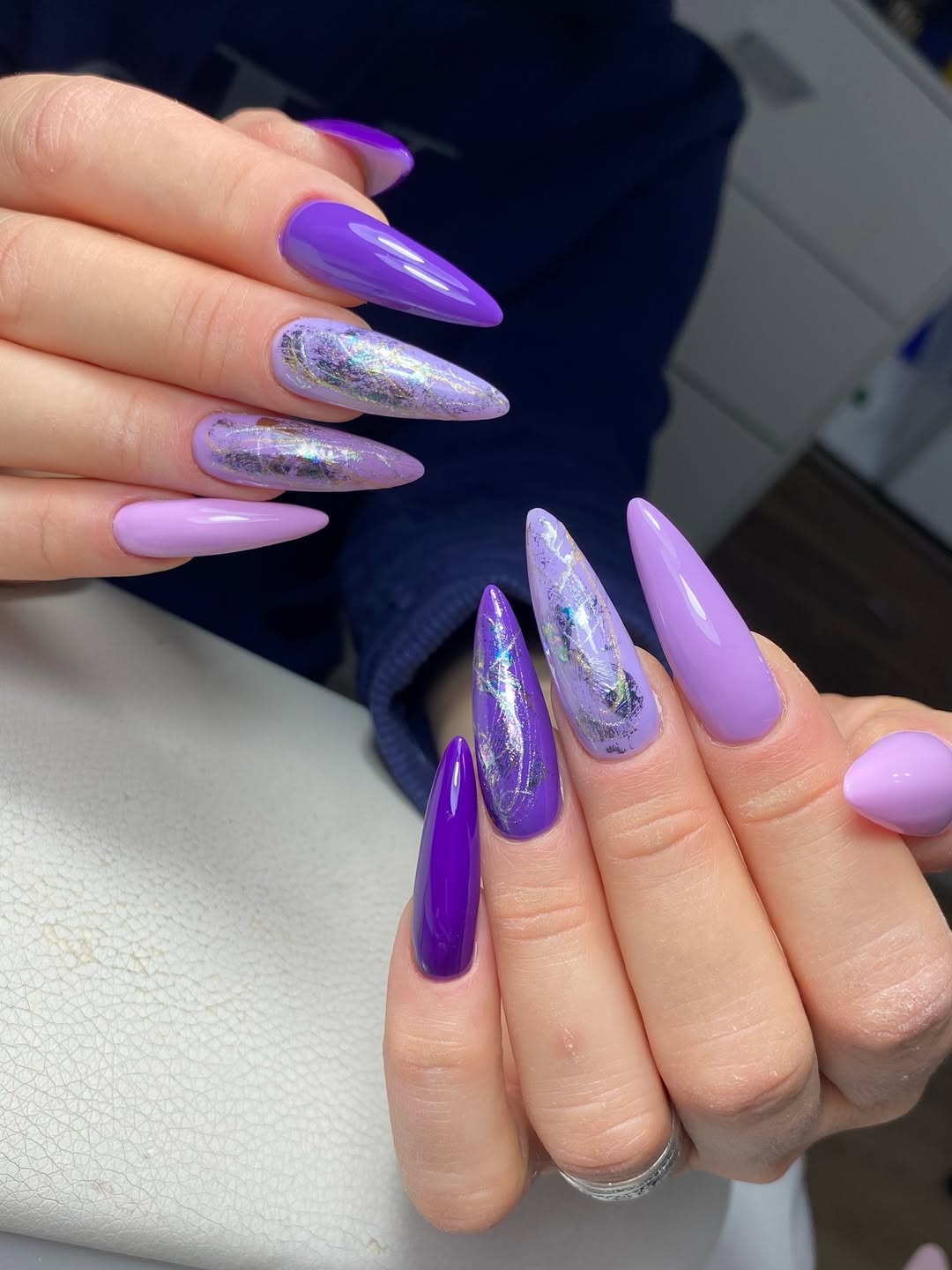 Multi-Tone Purple Stiletto Nails with Silver Foil Accents