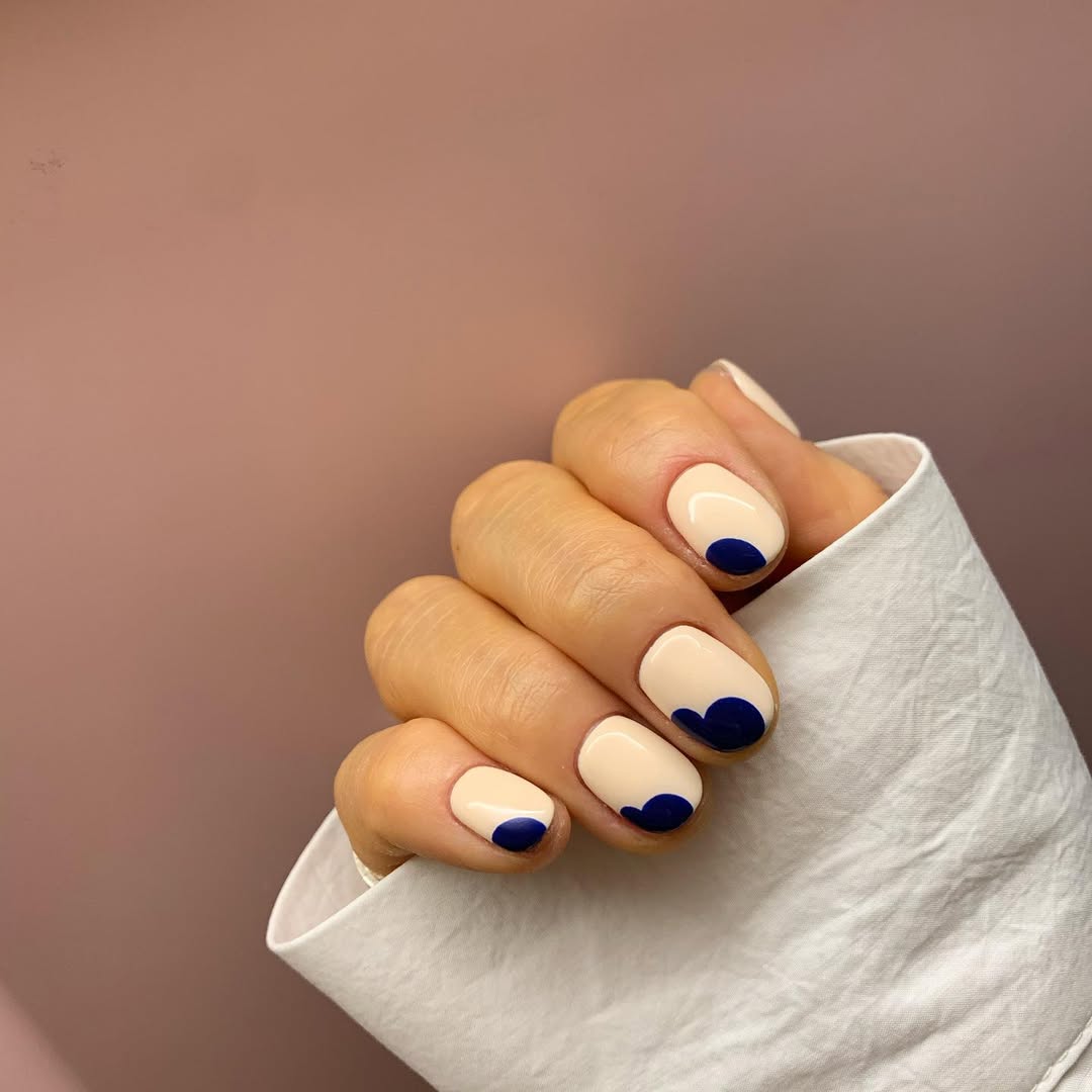 Navy Blue Wavy Tips on Milky Nude Short Nails