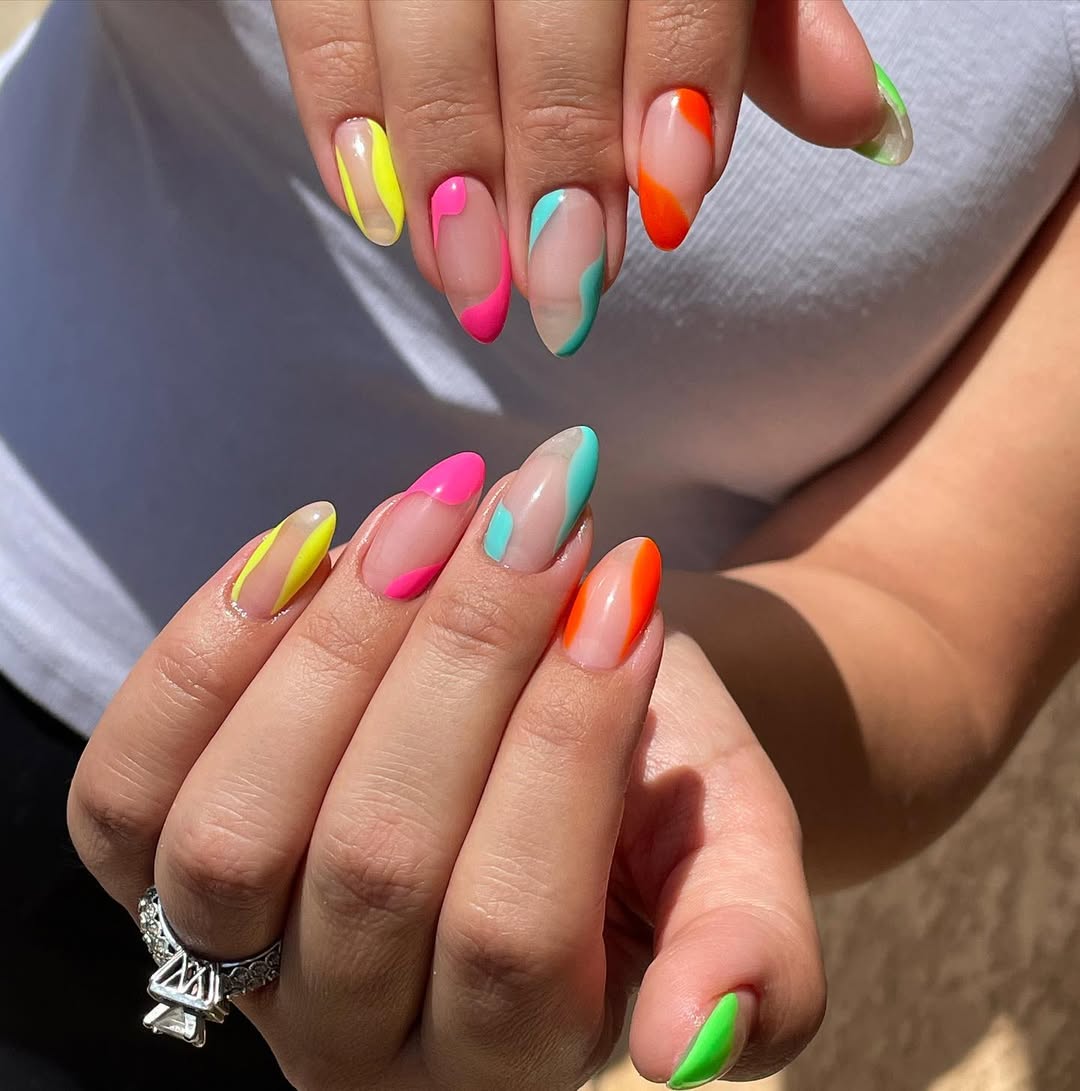 Neon Abstract Aura Swirl Almond Nails