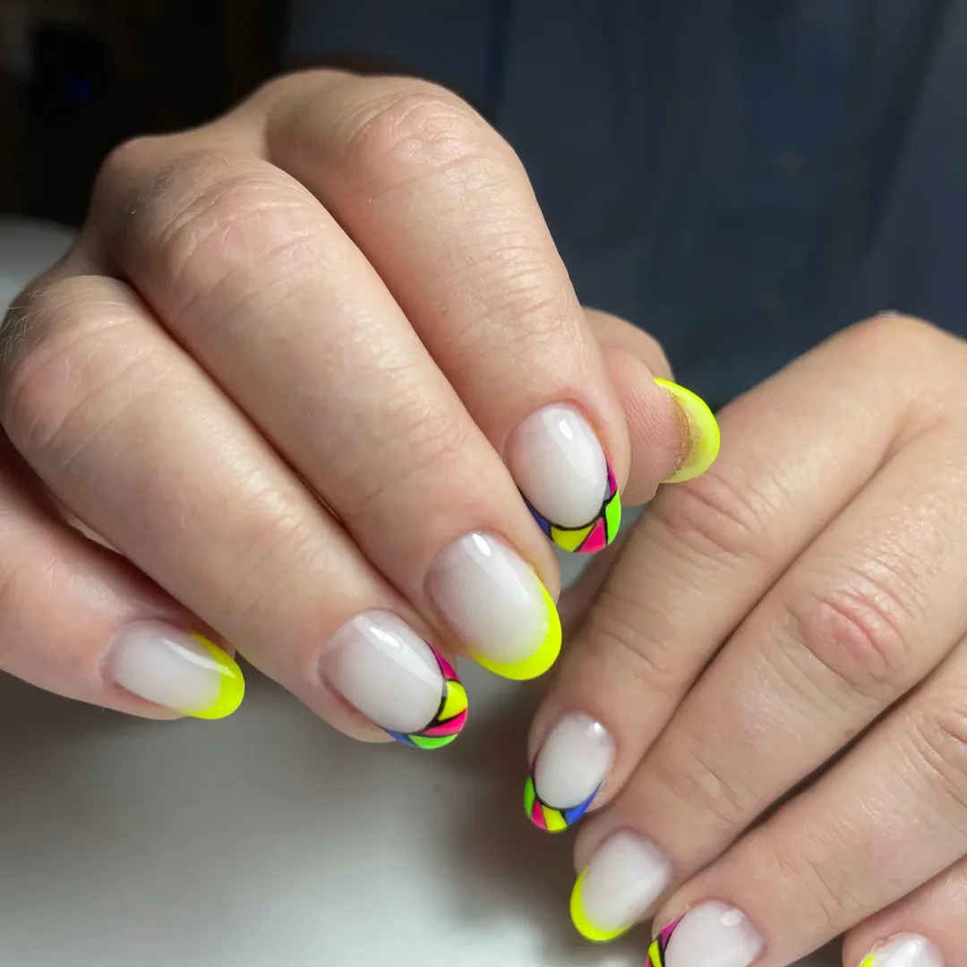 Neon Abstract French Tips with Geometric Art