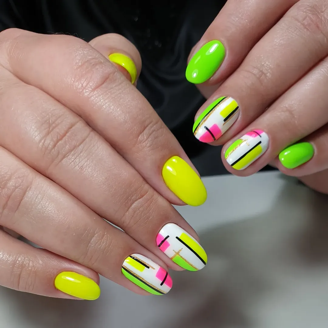 Neon Abstract Graphic Design Short Oval Nails