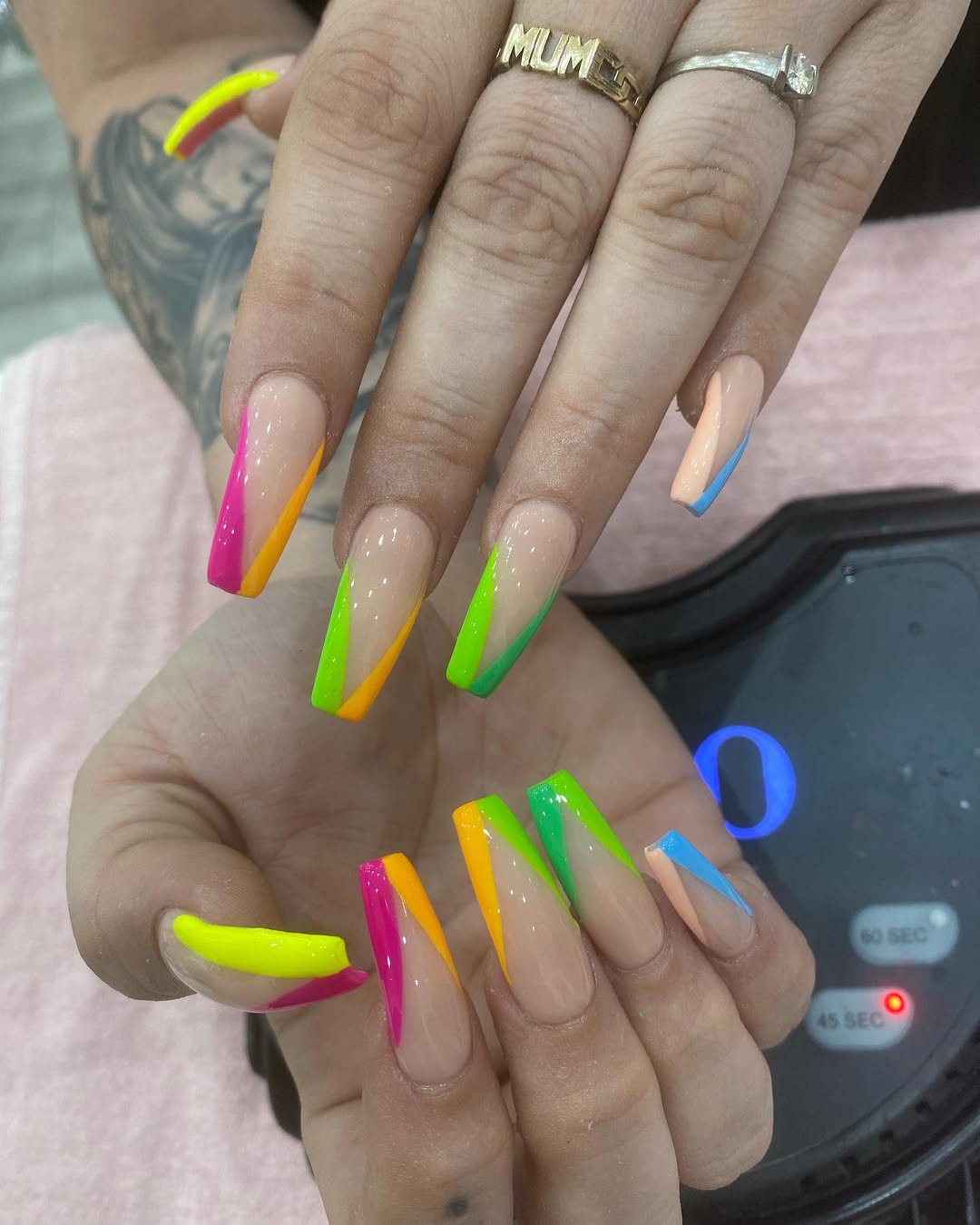 Neon Asymmetric French Tips Long Coffin