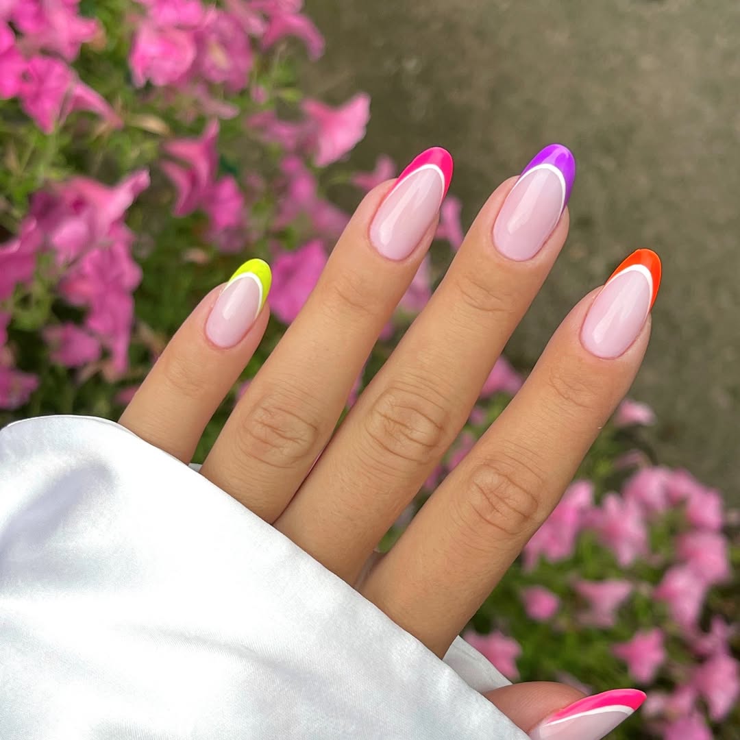 Neon Bright Micro French Tips On Oval Nails