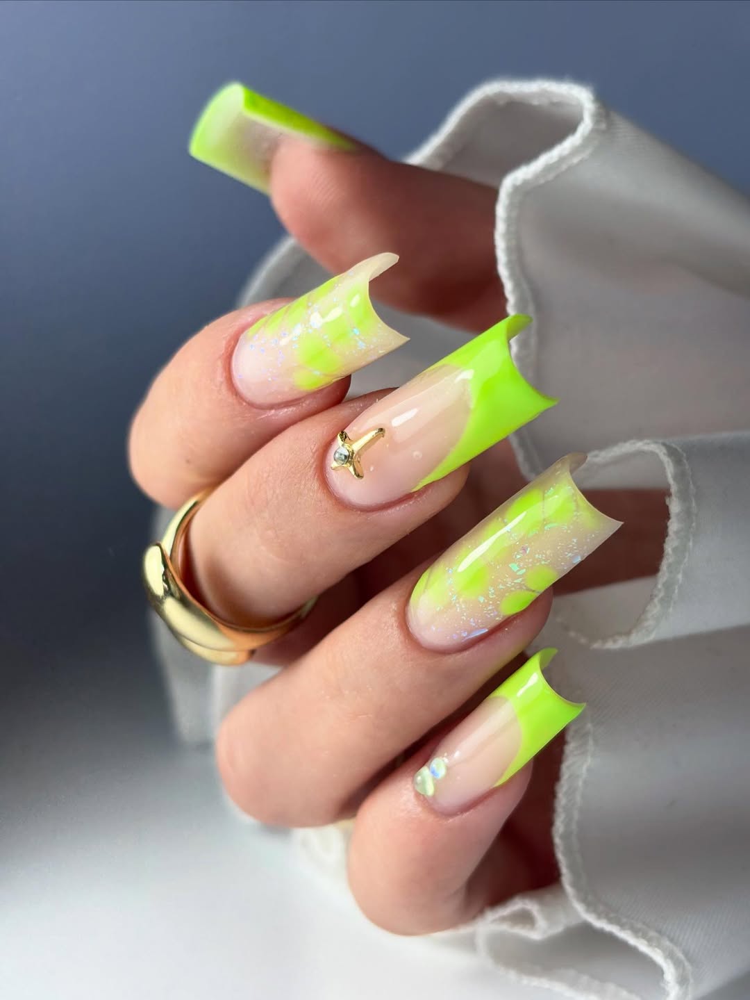 Neon Chartreuse Glitter V French Stiletto Tips