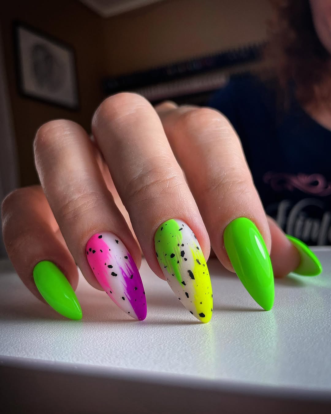 Neon Drip Speckled Almond Nails